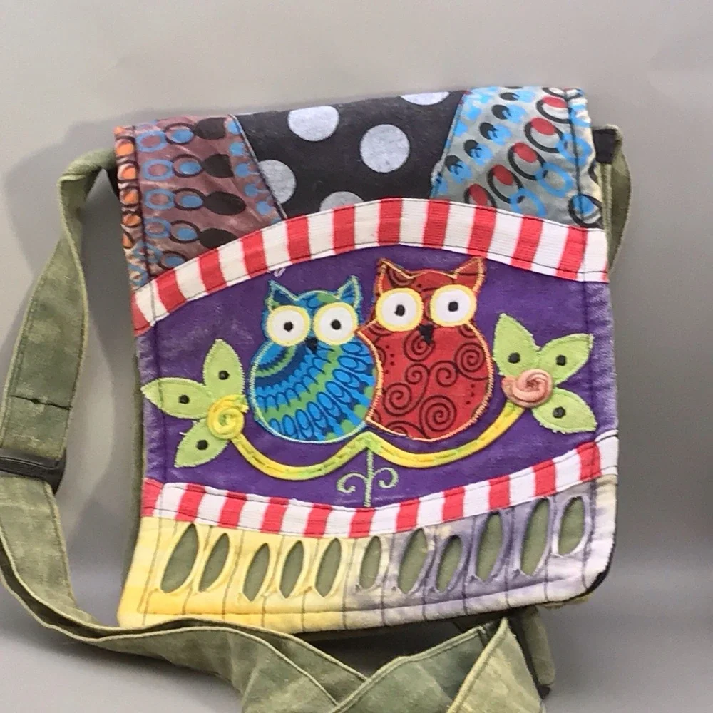 Rising‎ International Multicolored Patchwork Owl Crossbody Bag Purse Adj Strap